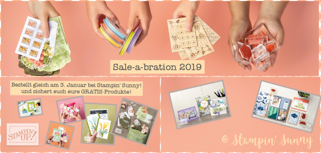 Eine Collage zur Sale-a-bration 2019 mit ein paar Sneak peaks auf die neuen Produkte, die zu jeder Bestellung ab 60 € gratis erhältlich sein werden. 